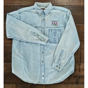 VTG Cyrk USA Olympic Games Streetwear Denim Shirt Mens Large Light Acid Wash